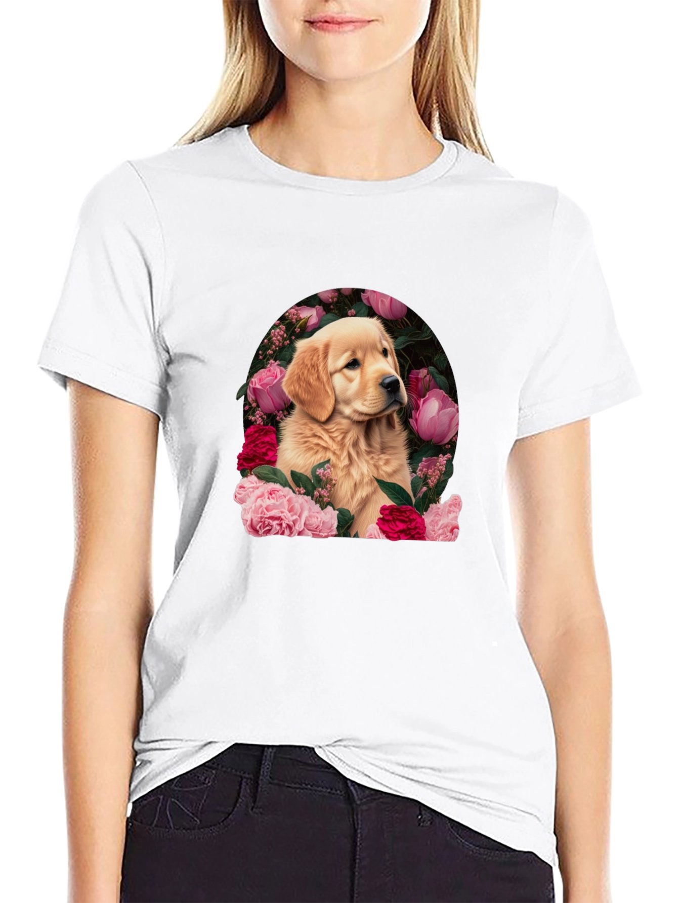 Golden Retriever & Floral Black T-Shirt