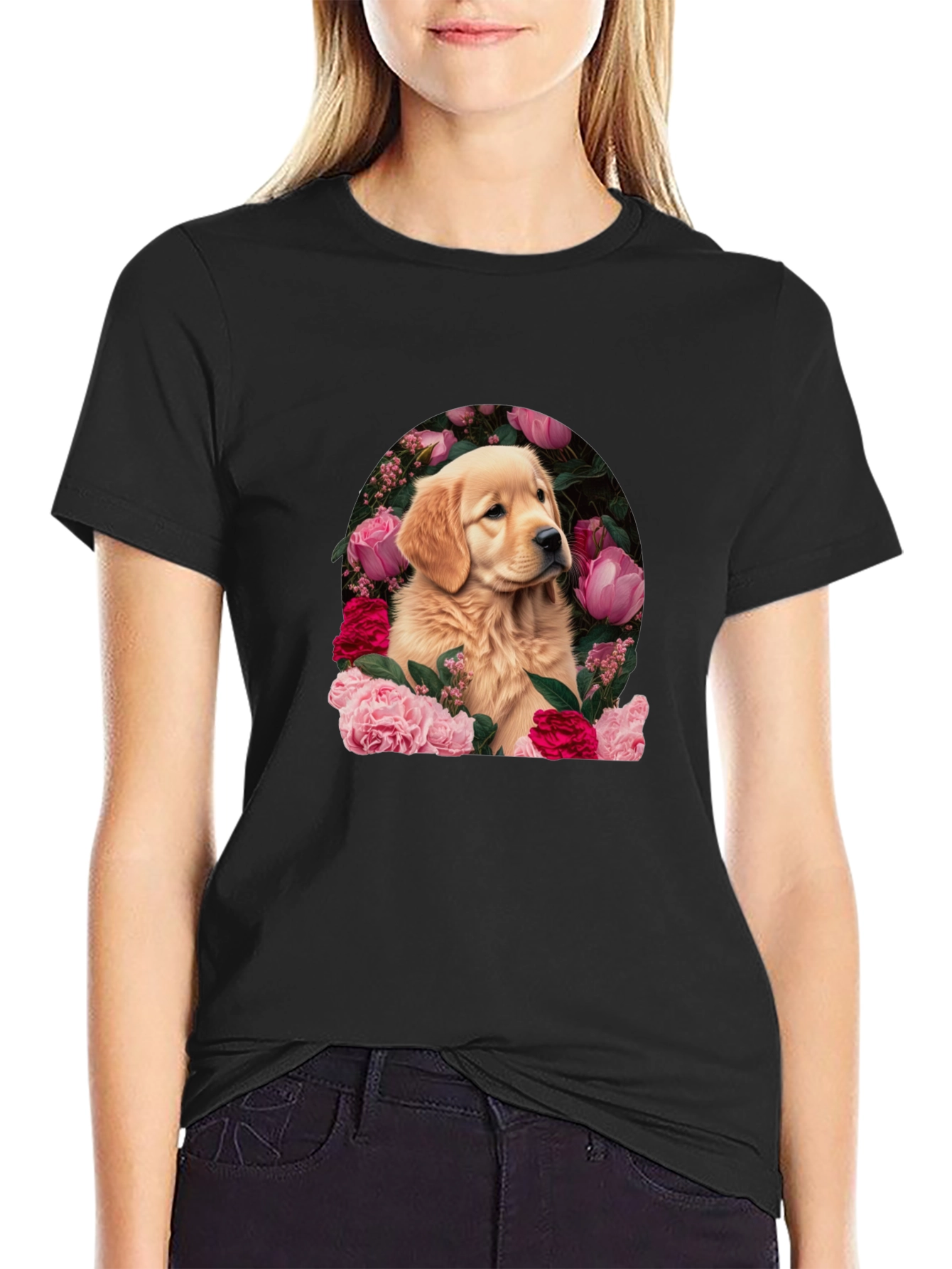 Golden Retriever & Floral Black T-Shirt