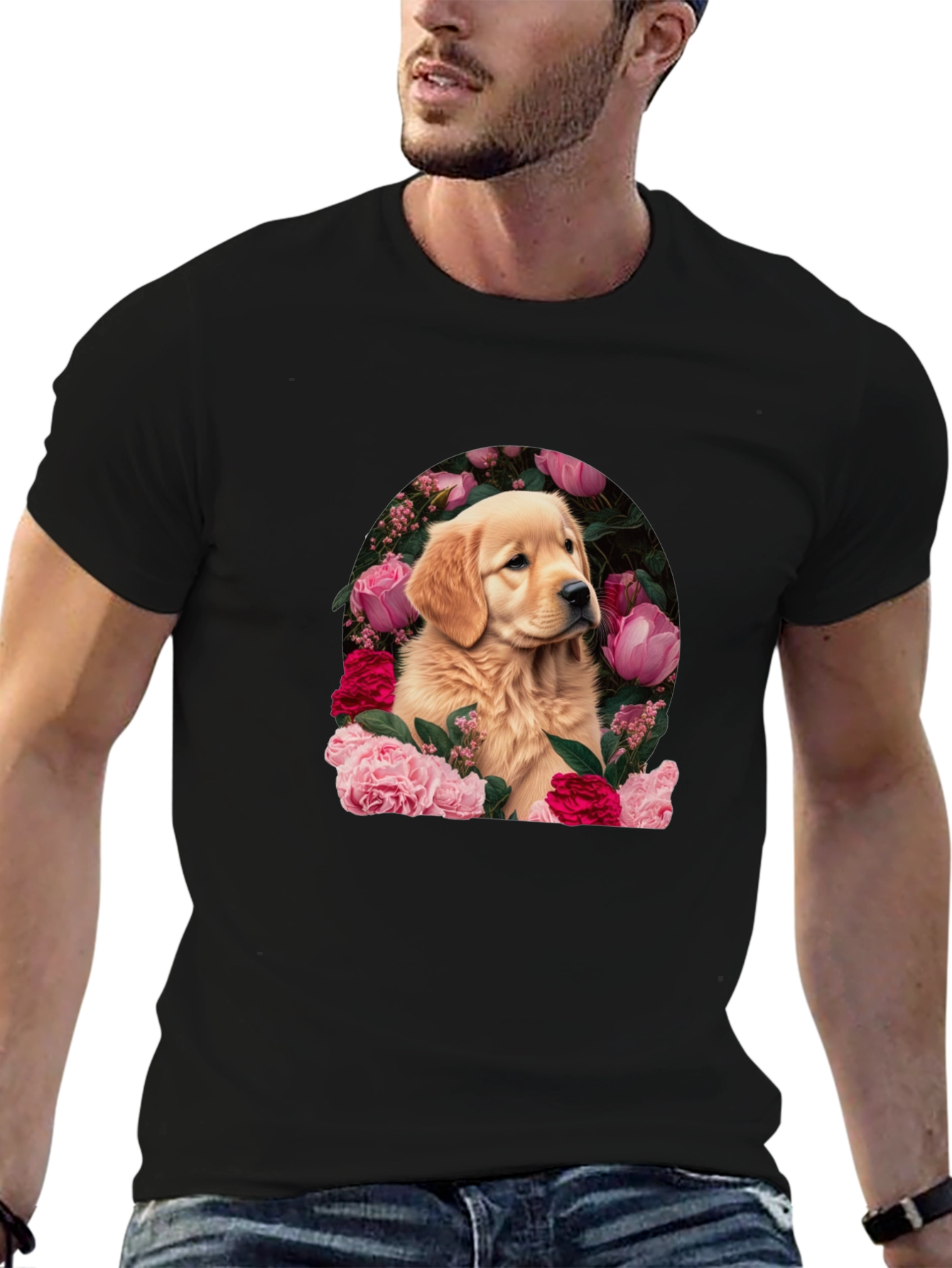 Golden Retriever & Floral Black T-Shirt