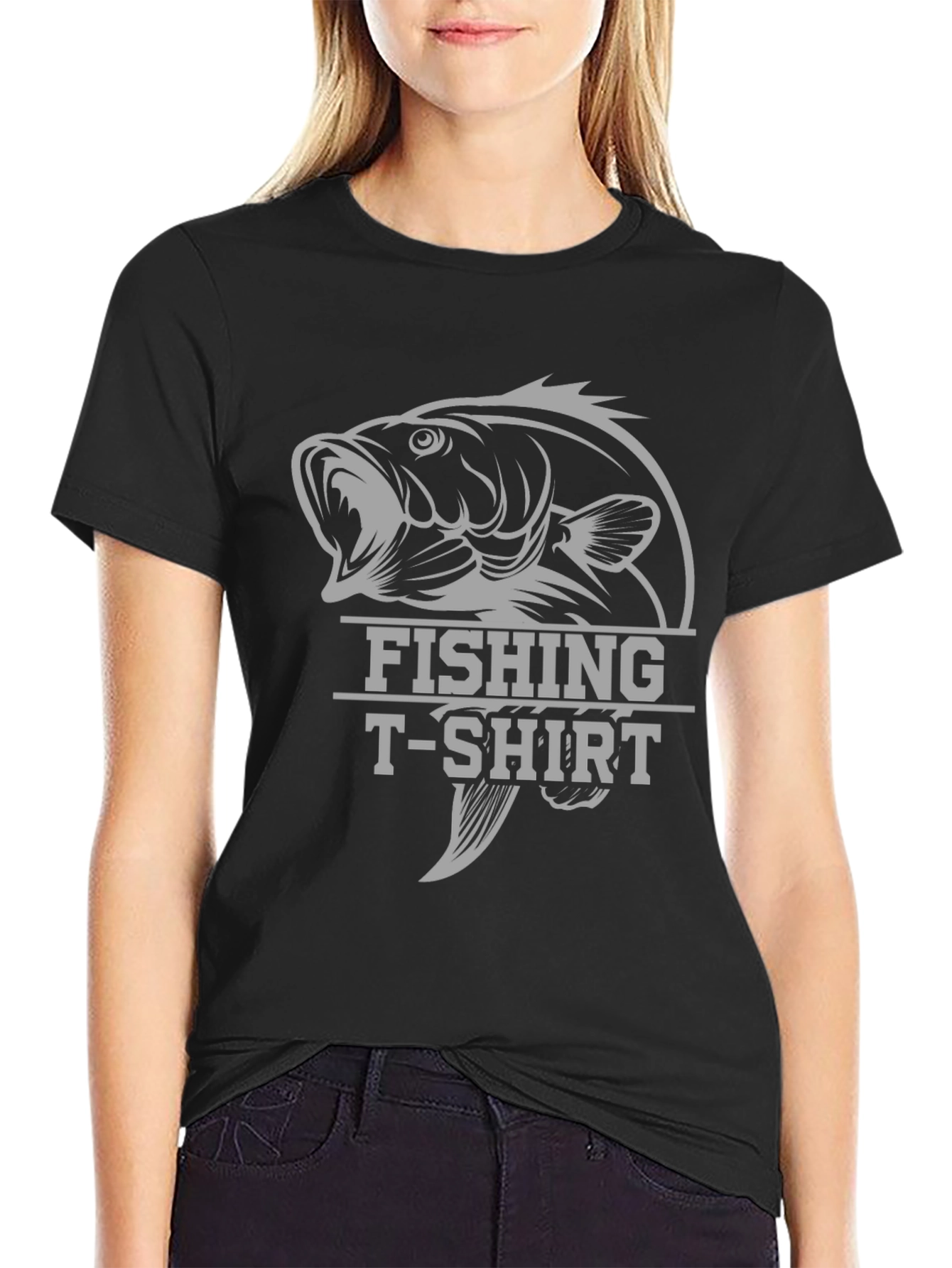 Fishing T-Shirt with Bass Graphic - Black