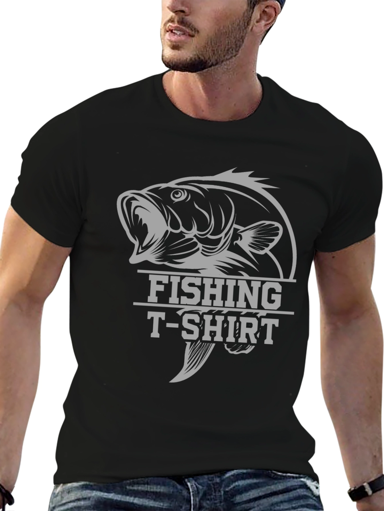 Fishing T-Shirt with Bass Graphic - Black