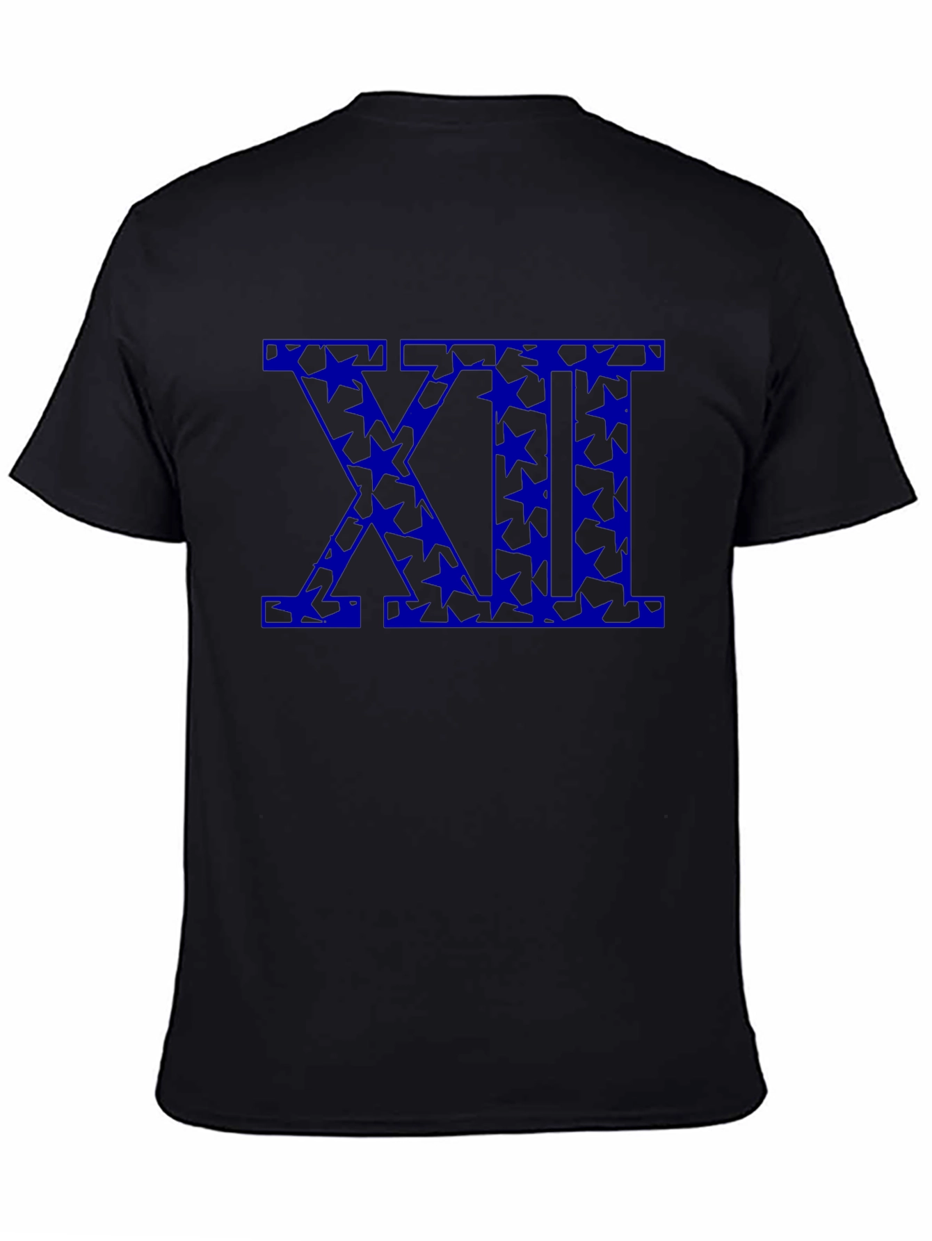 Black T-Shirt with Blue Star XII Roman Numeral Design