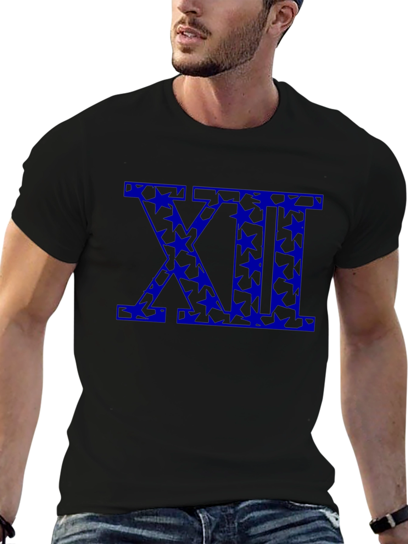 Black T-Shirt with Blue Star XII Roman Numeral Design