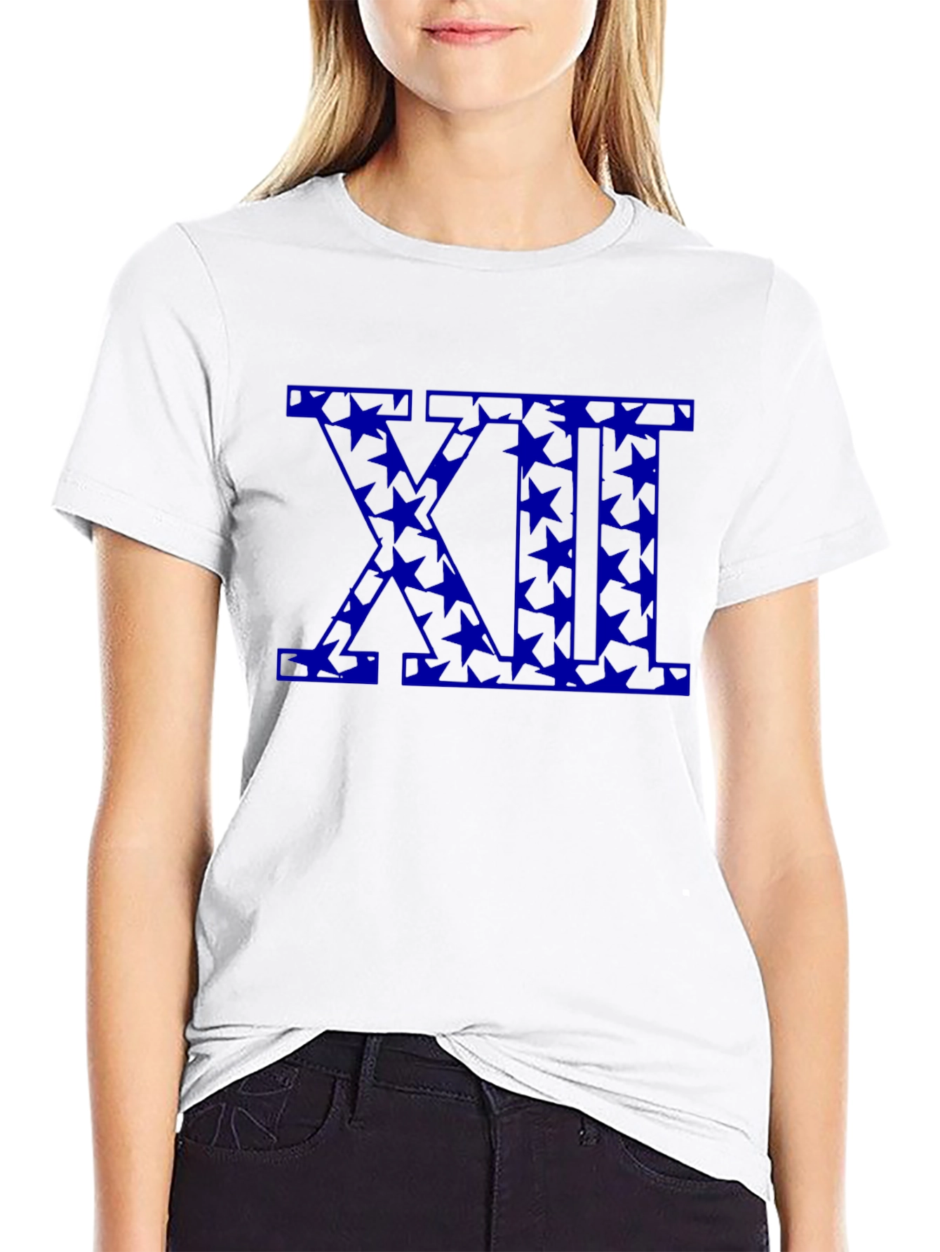 Black T-Shirt with Blue Star XII Roman Numeral Design
