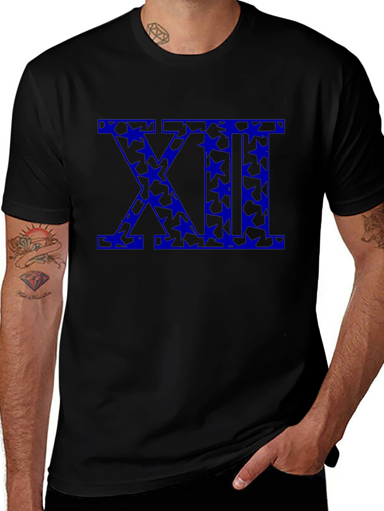 Black T-Shirt with Blue Star XII Roman Numeral Design