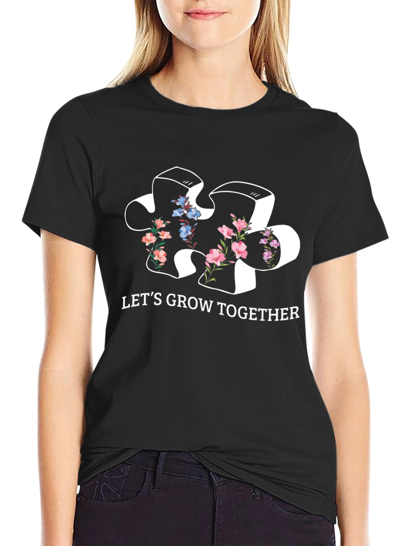 Lets Grow Together Puzzle Piece Floral T-Shirt