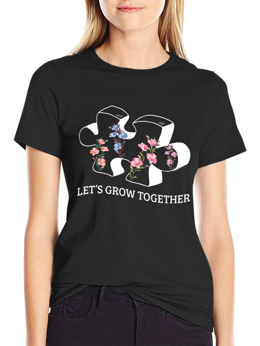 Lets Grow Together Puzzle Piece Floral T-Shirt