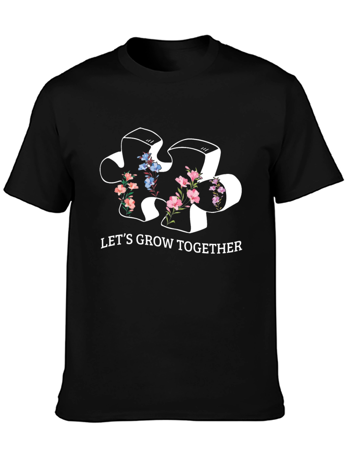 Lets Grow Together Puzzle Piece Floral T-Shirt