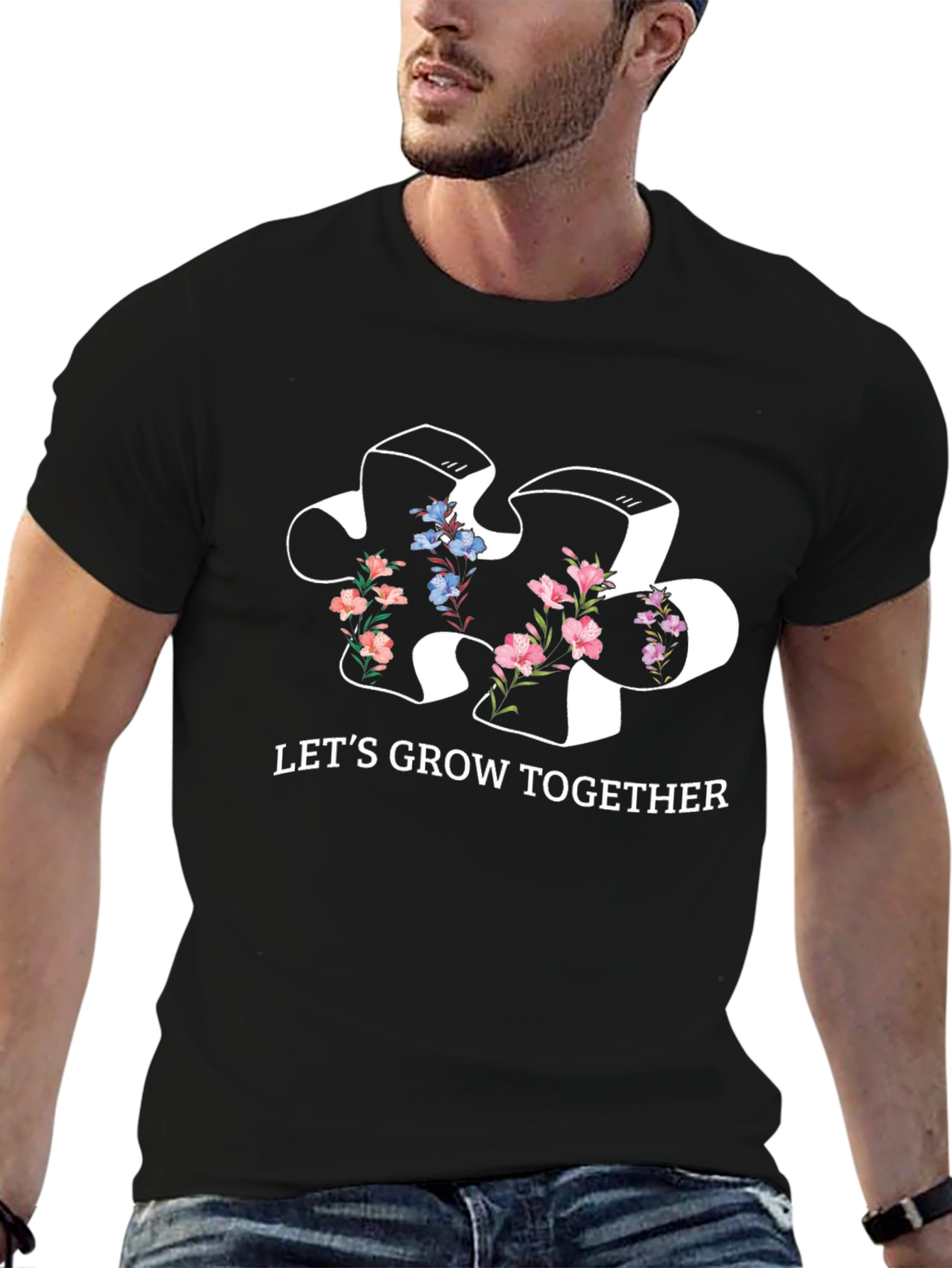 Lets Grow Together Puzzle Piece Floral T-Shirt