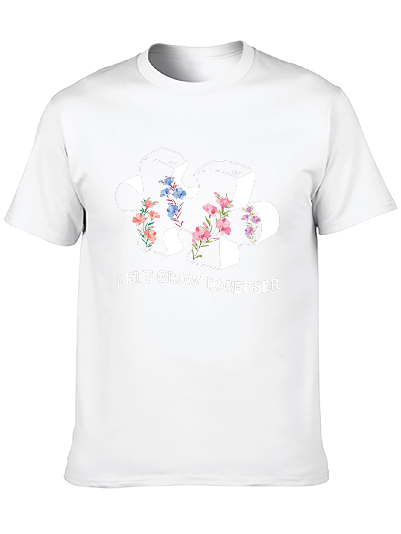 Lets Grow Together Puzzle Piece Floral T-Shirt