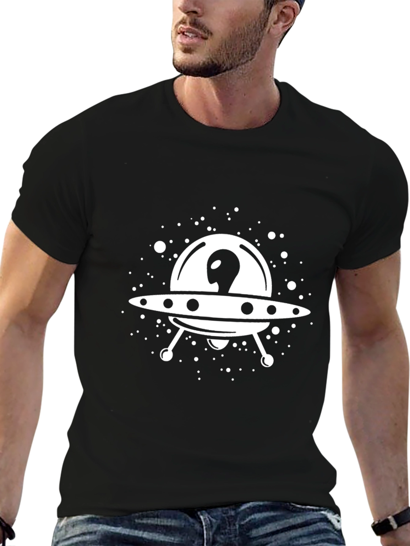 UFO Alien Graphic Tee - Black Cotton T-Shirt