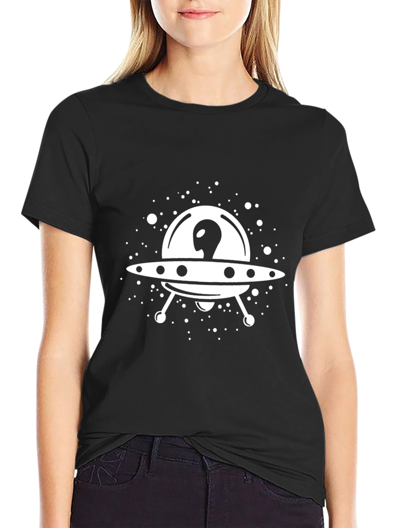 UFO Alien Graphic Tee - Black Cotton T-Shirt