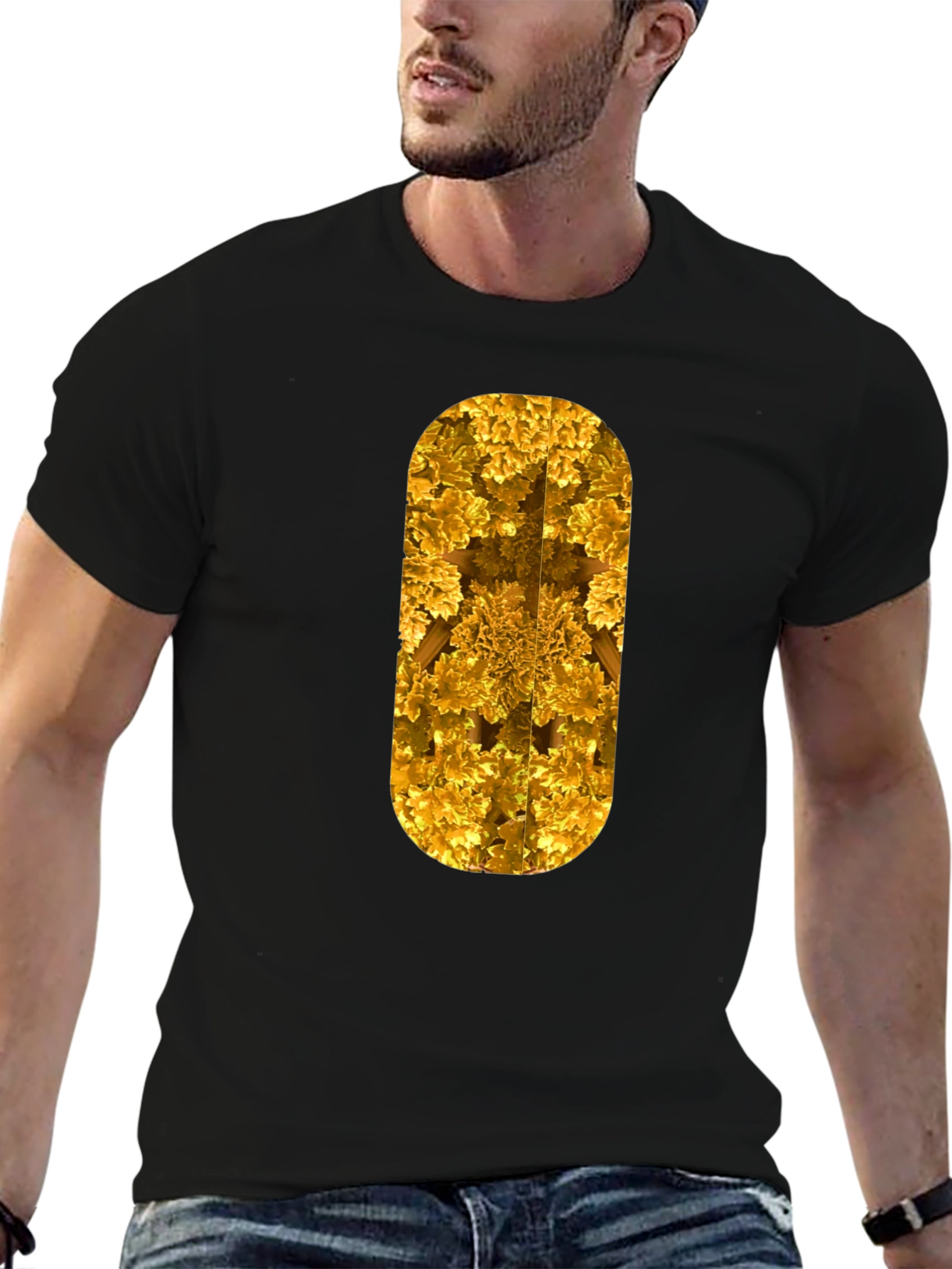 Golden Fractal Print Black T-Shirt