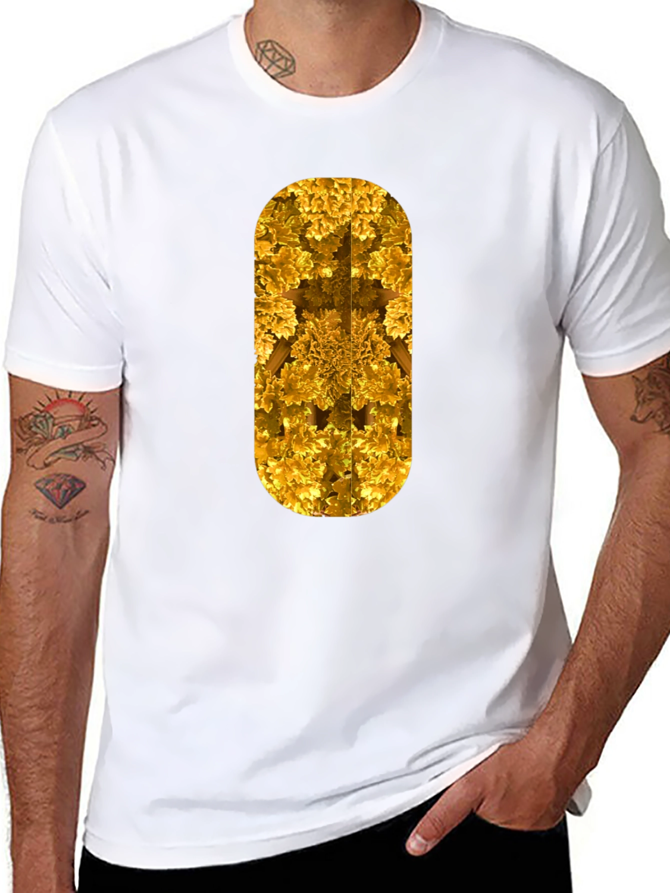 Golden Fractal Print Black T-Shirt