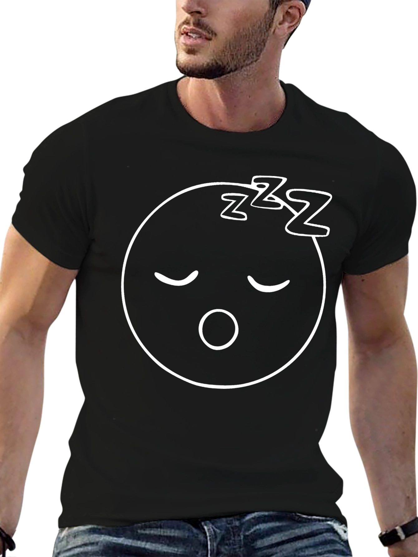 Sleepy Face Graphic Tee - Relaxed Fit Black T-Shirt