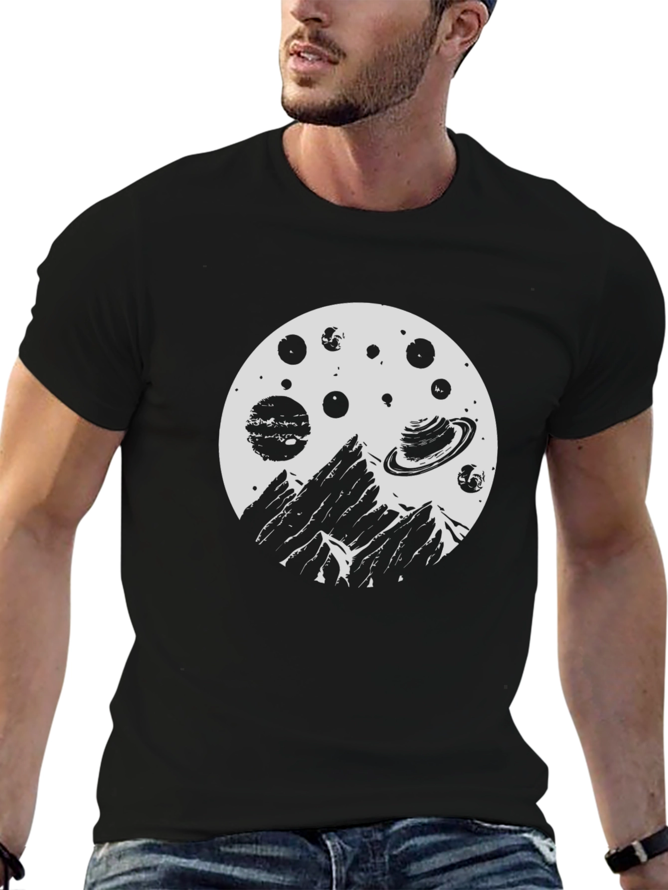 Cosmic Mountain Black T-Shirt - Space Adventure Design