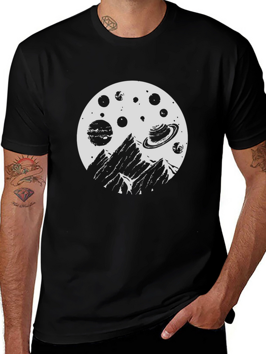 Cosmic Mountain Black T-Shirt - Space Adventure Design