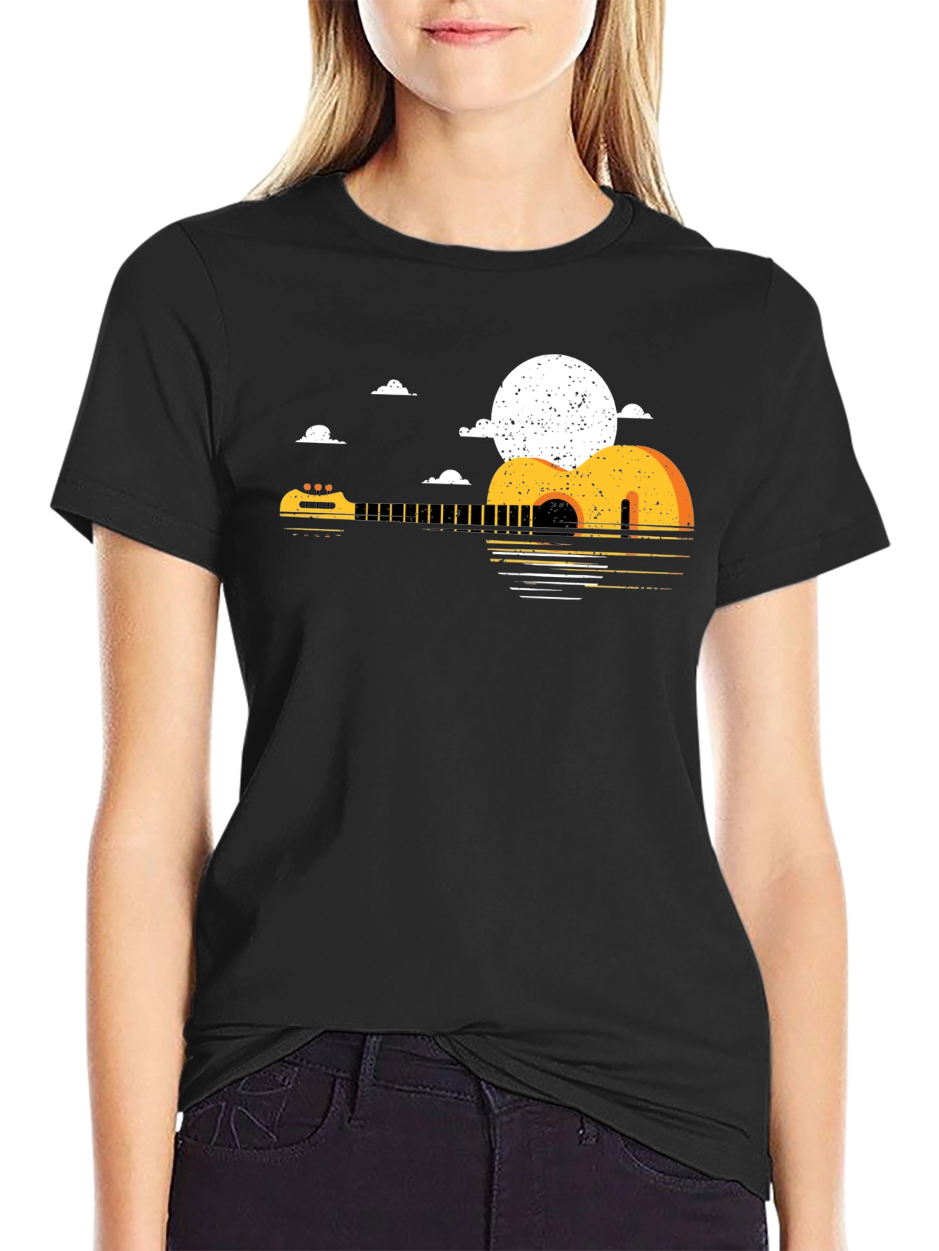 Guitar Sunset Graphic Tee - Black Cotton T-Shirt