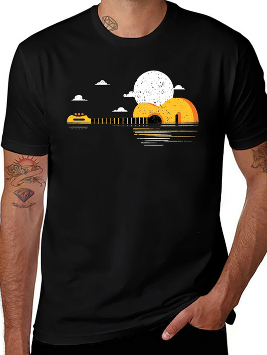 Guitar Sunset Graphic Tee - Black Cotton T-Shirt