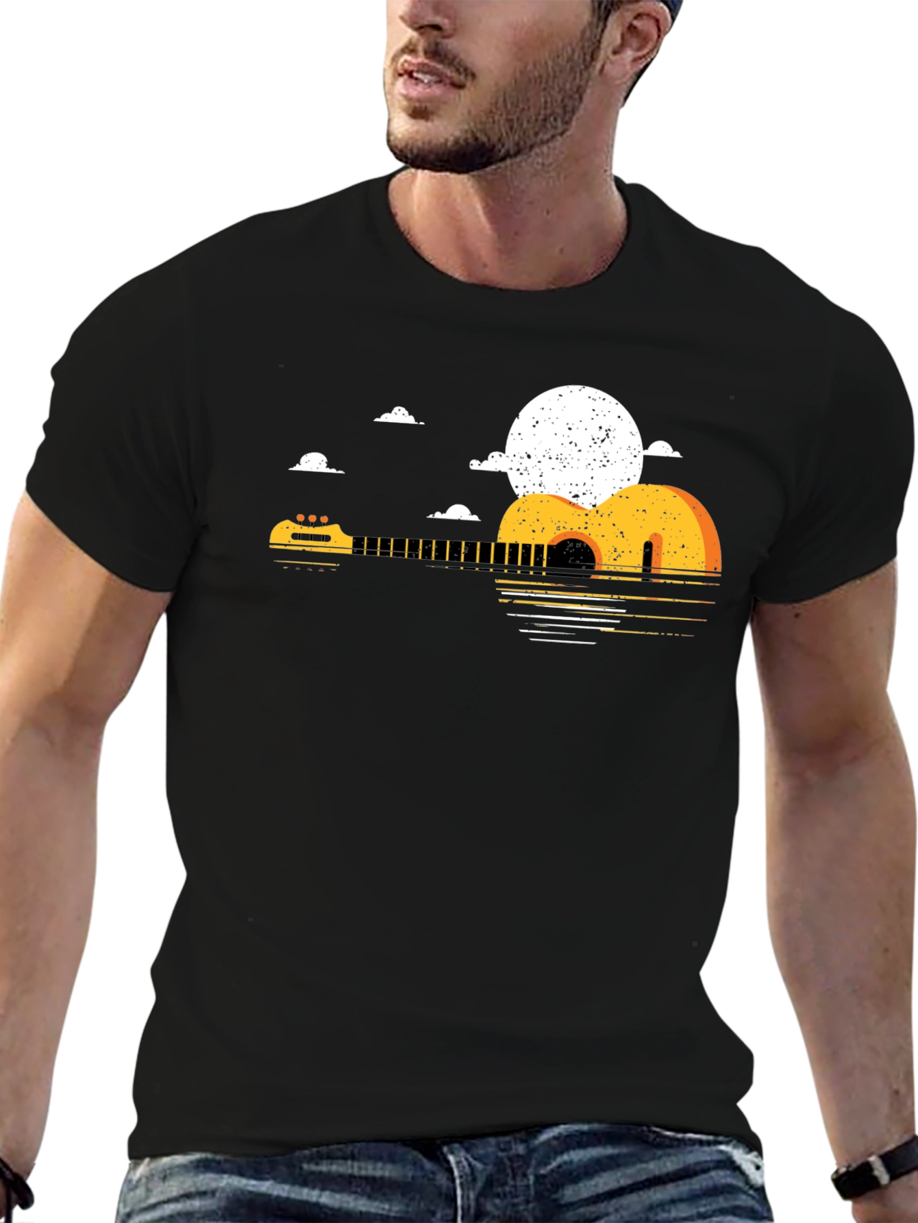 Guitar Sunset Graphic Tee - Black Cotton T-Shirt