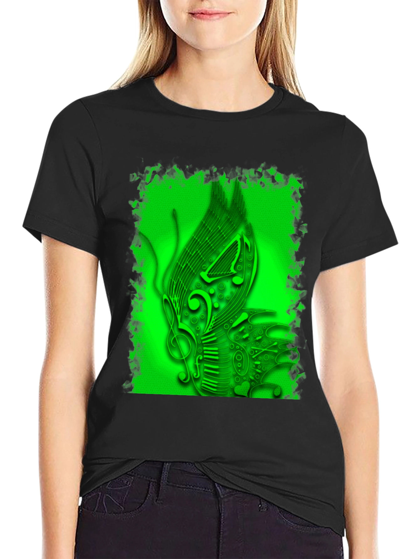 Musical Notes Graphic Print Black T-Shirt