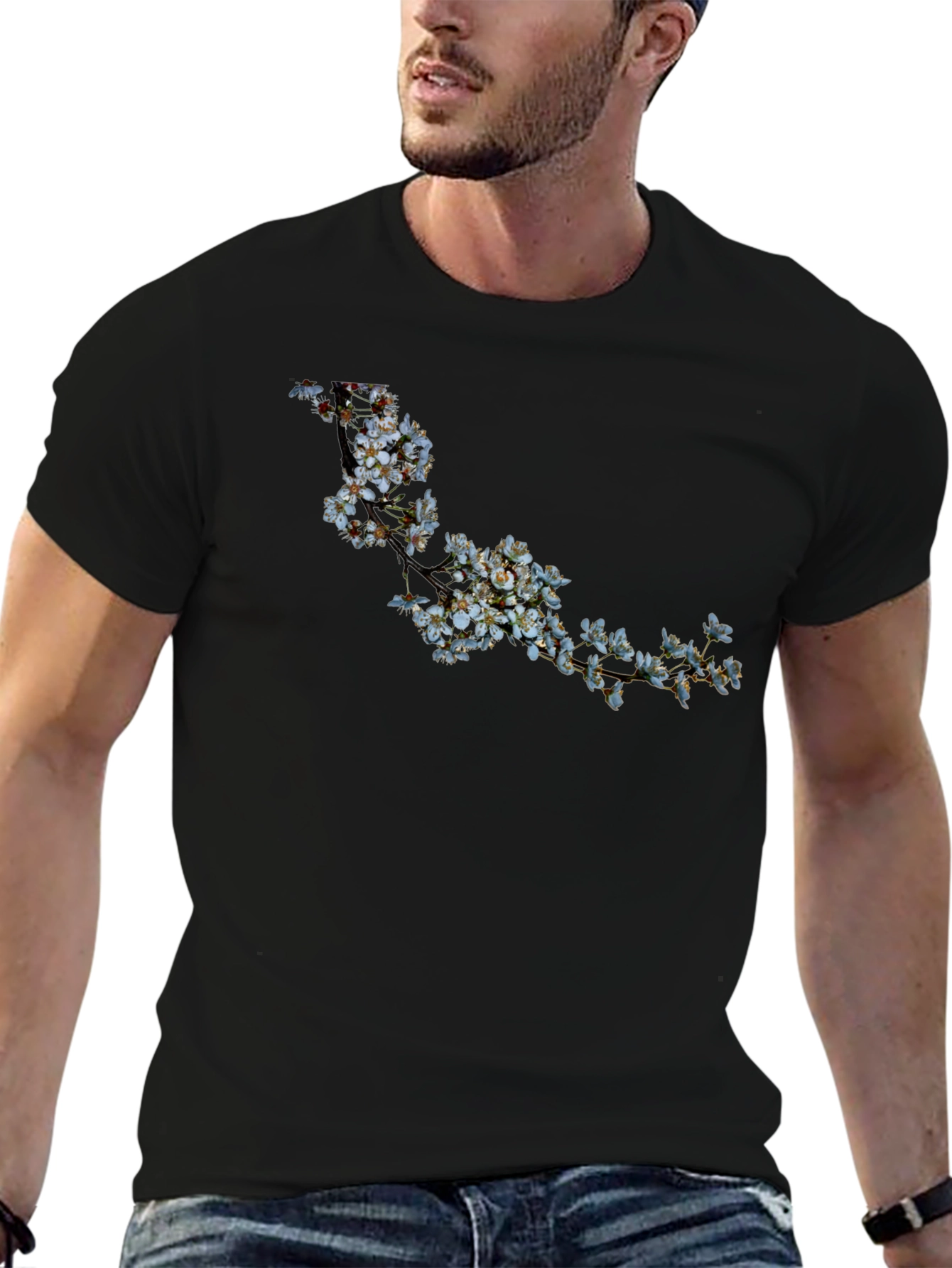 Black T-Shirt with Floral Branch Design