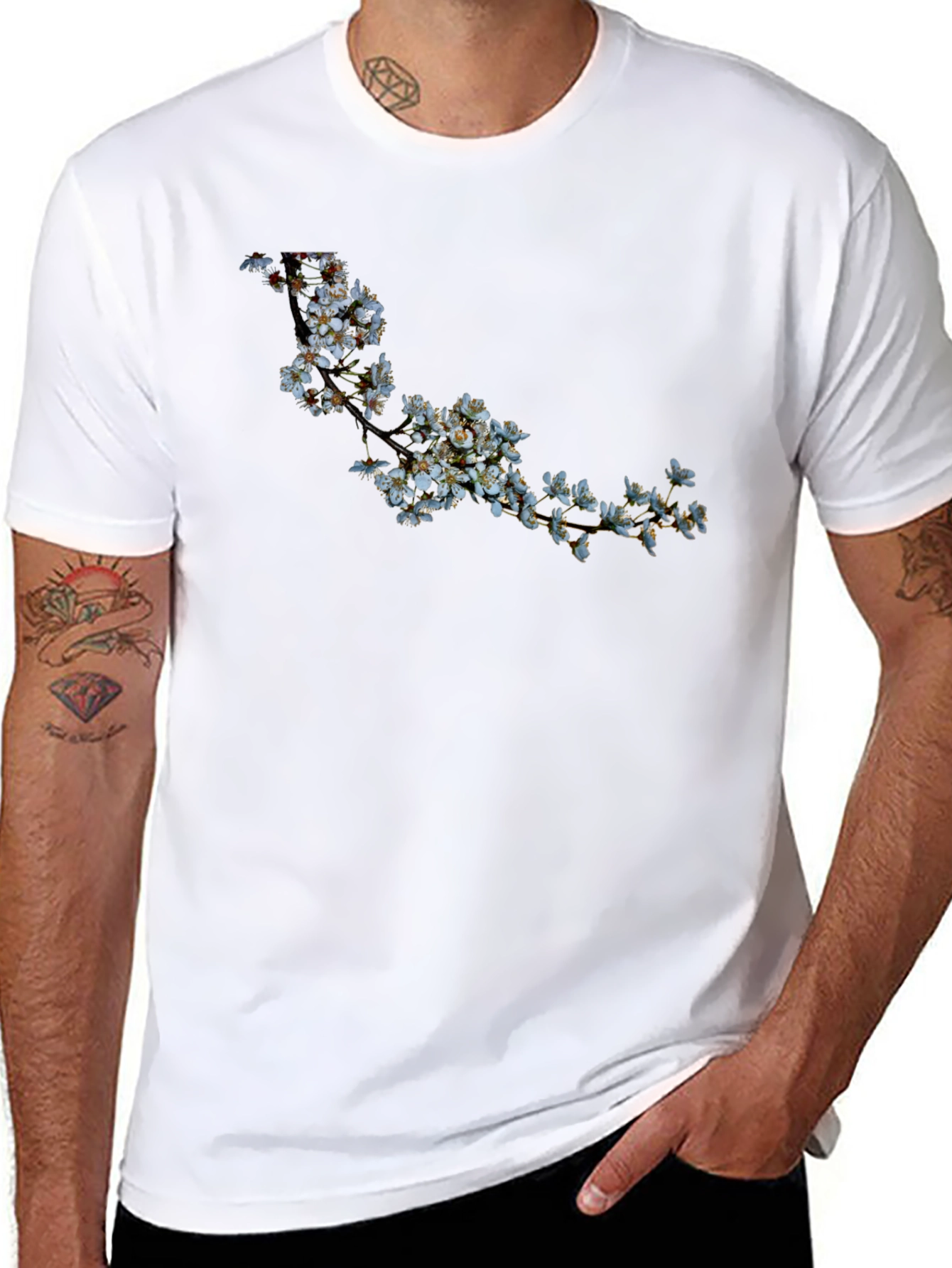 Black T-Shirt with Floral Branch Design