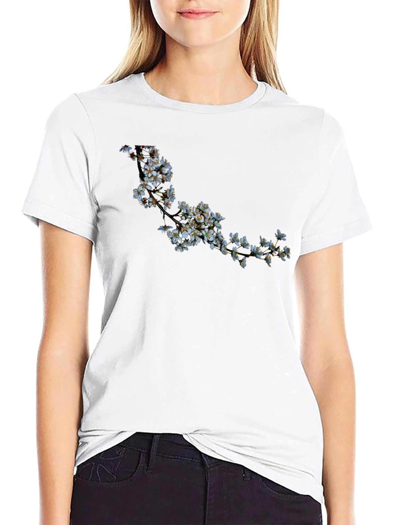 Black T-Shirt with Floral Branch Design