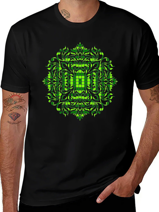 Geometric Green Mandala Graphic Black T-Shirt