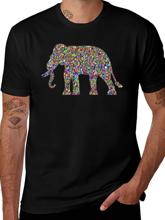 Colorful Elephant Graphic Tee - Black Cotton T-Shirt