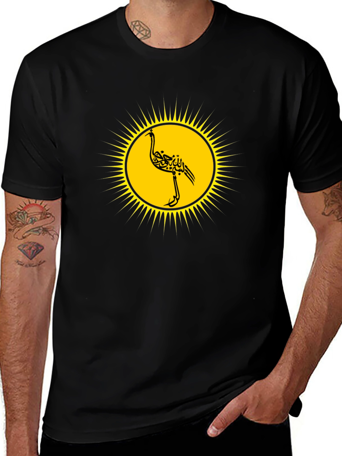 Unique Black T-Shirt with Stylized Bird Design