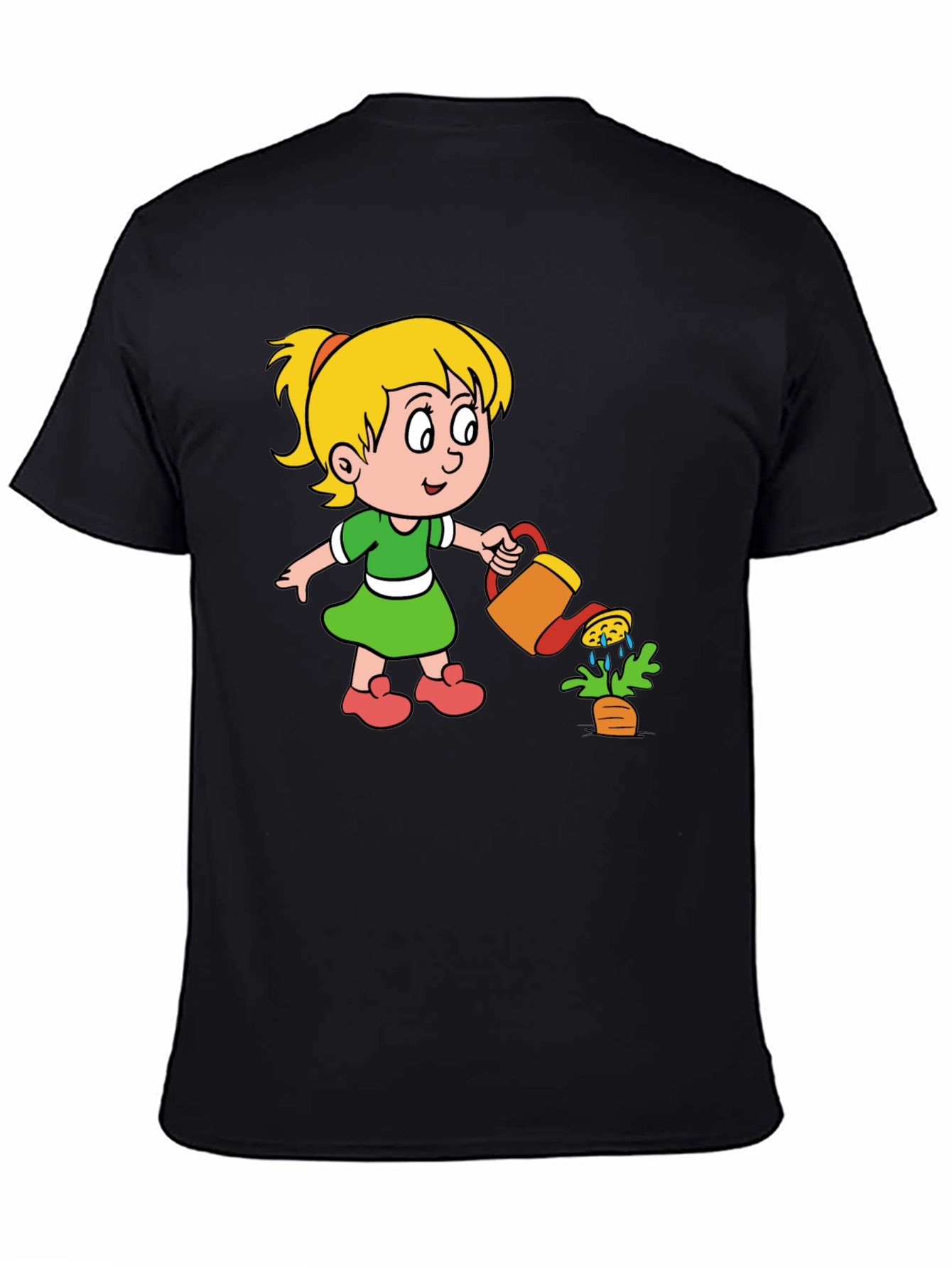 Cute Cartoon Girl Gardening Black T-Shirt