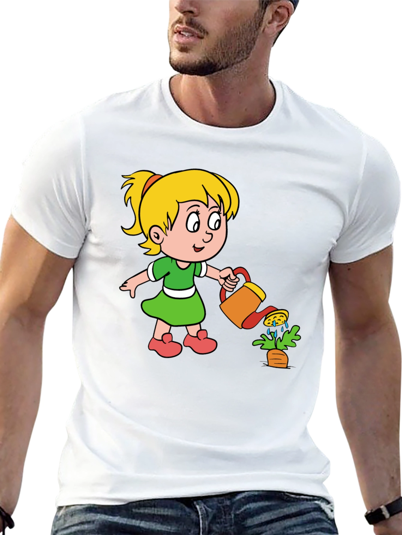 Cute Cartoon Girl Gardening Black T-Shirt