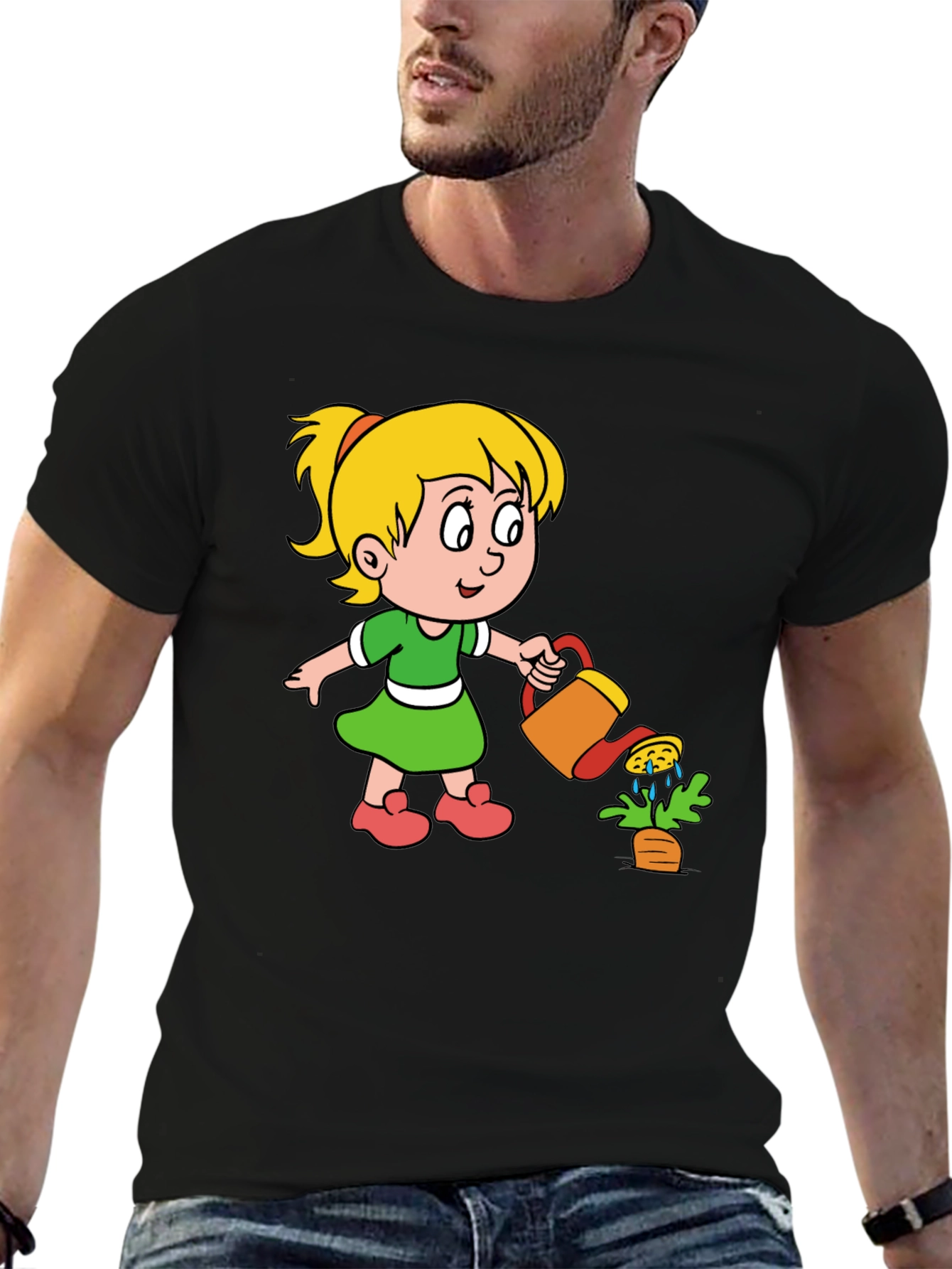 Cute Cartoon Girl Gardening Black T-Shirt