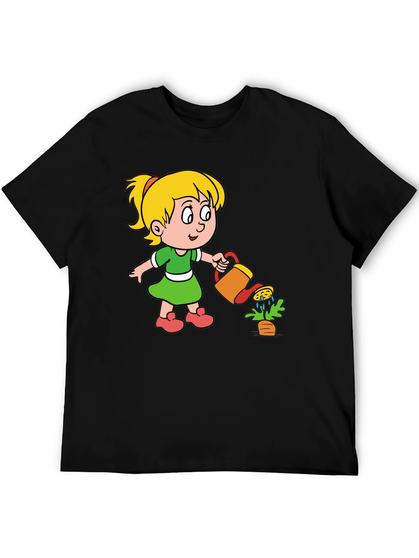 Cute Cartoon Girl Gardening Black T-Shirt