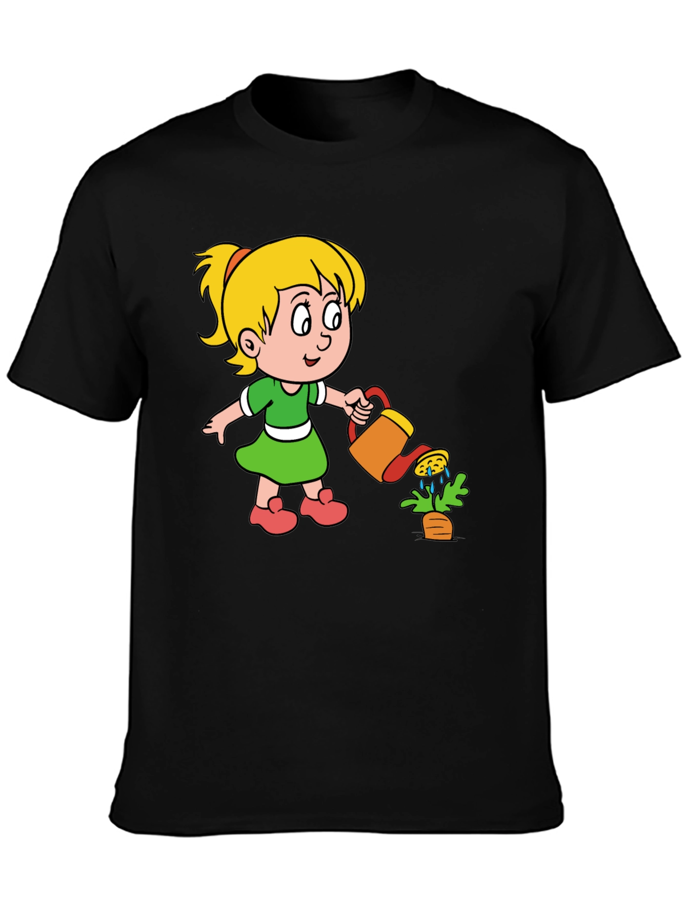 Cute Cartoon Girl Gardening Black T-Shirt