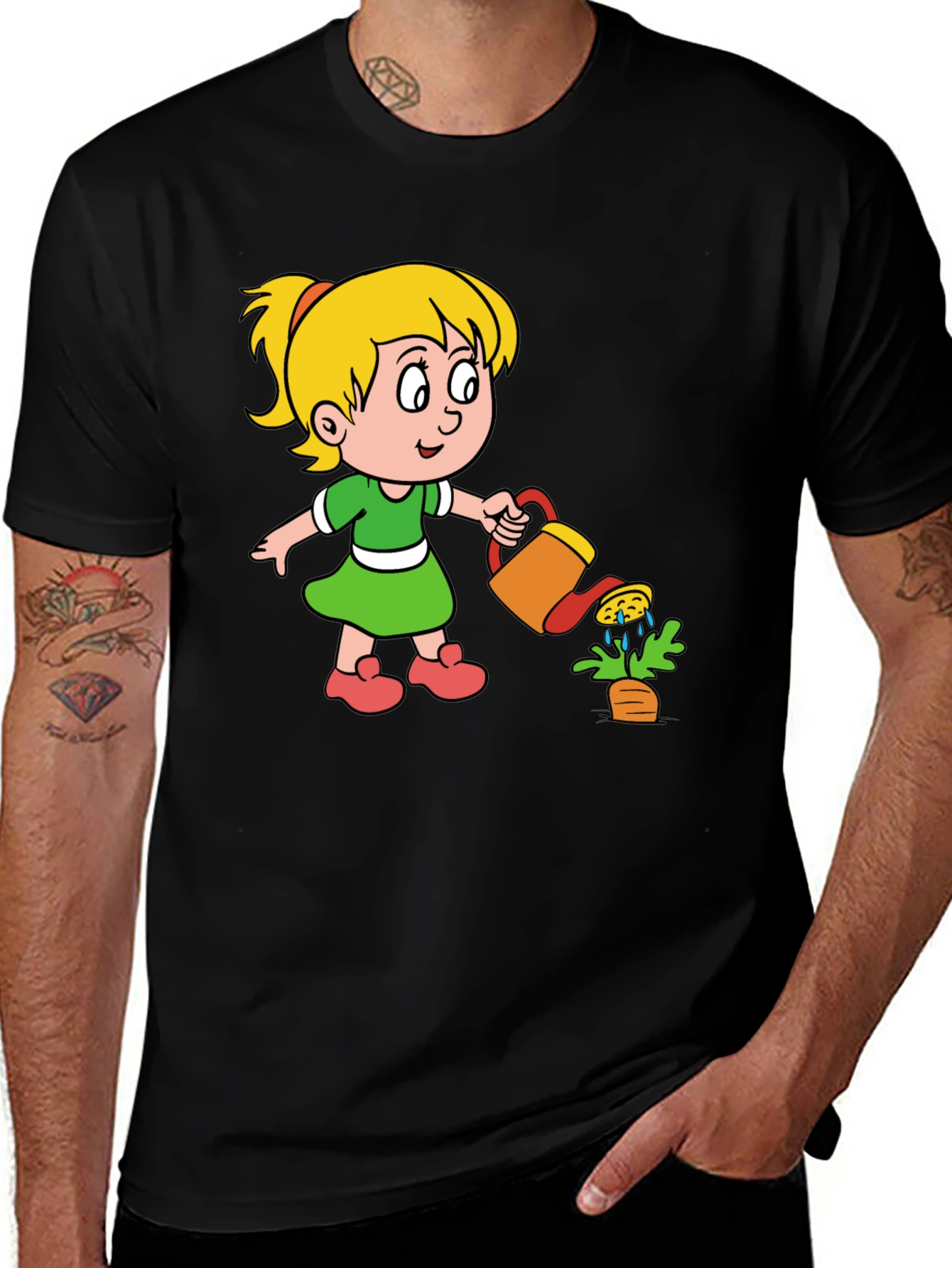 Cute Cartoon Girl Gardening Black T-Shirt