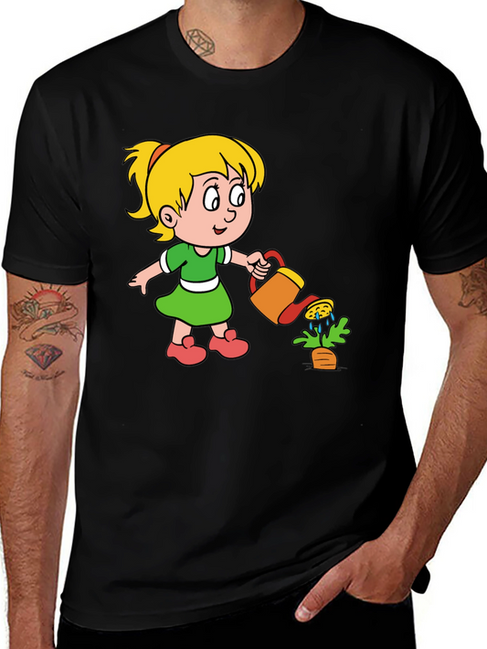 Cute Cartoon Girl Gardening Black T-Shirt