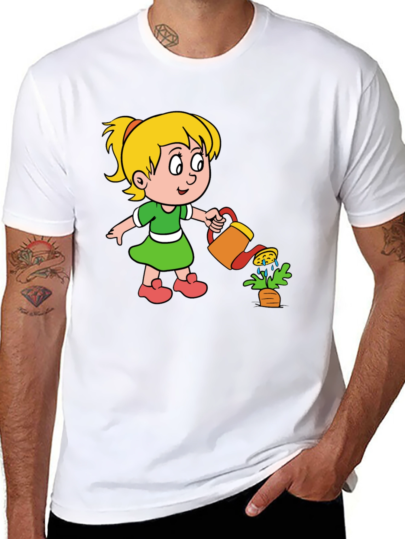 Cute Cartoon Girl Gardening Black T-Shirt