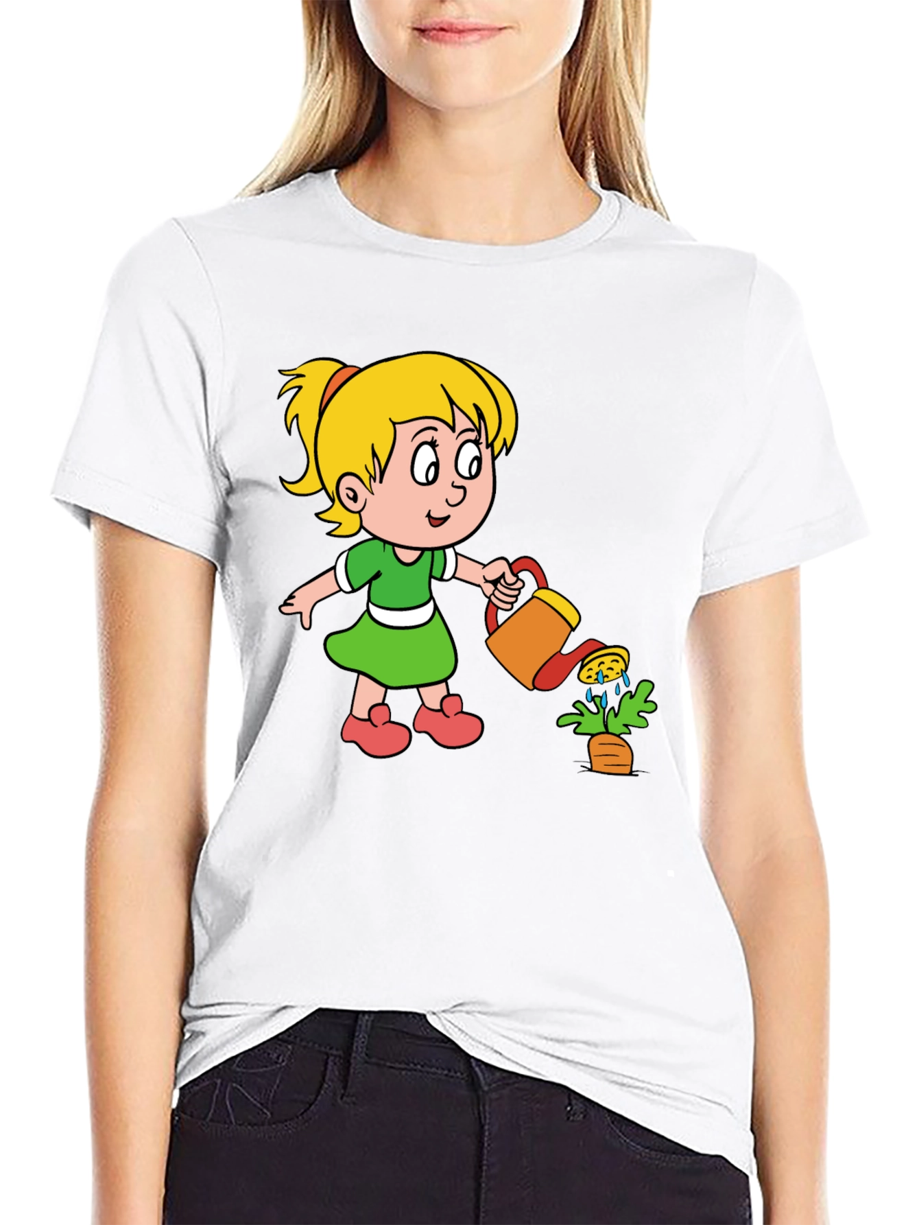 Cute Cartoon Girl Gardening Black T-Shirt