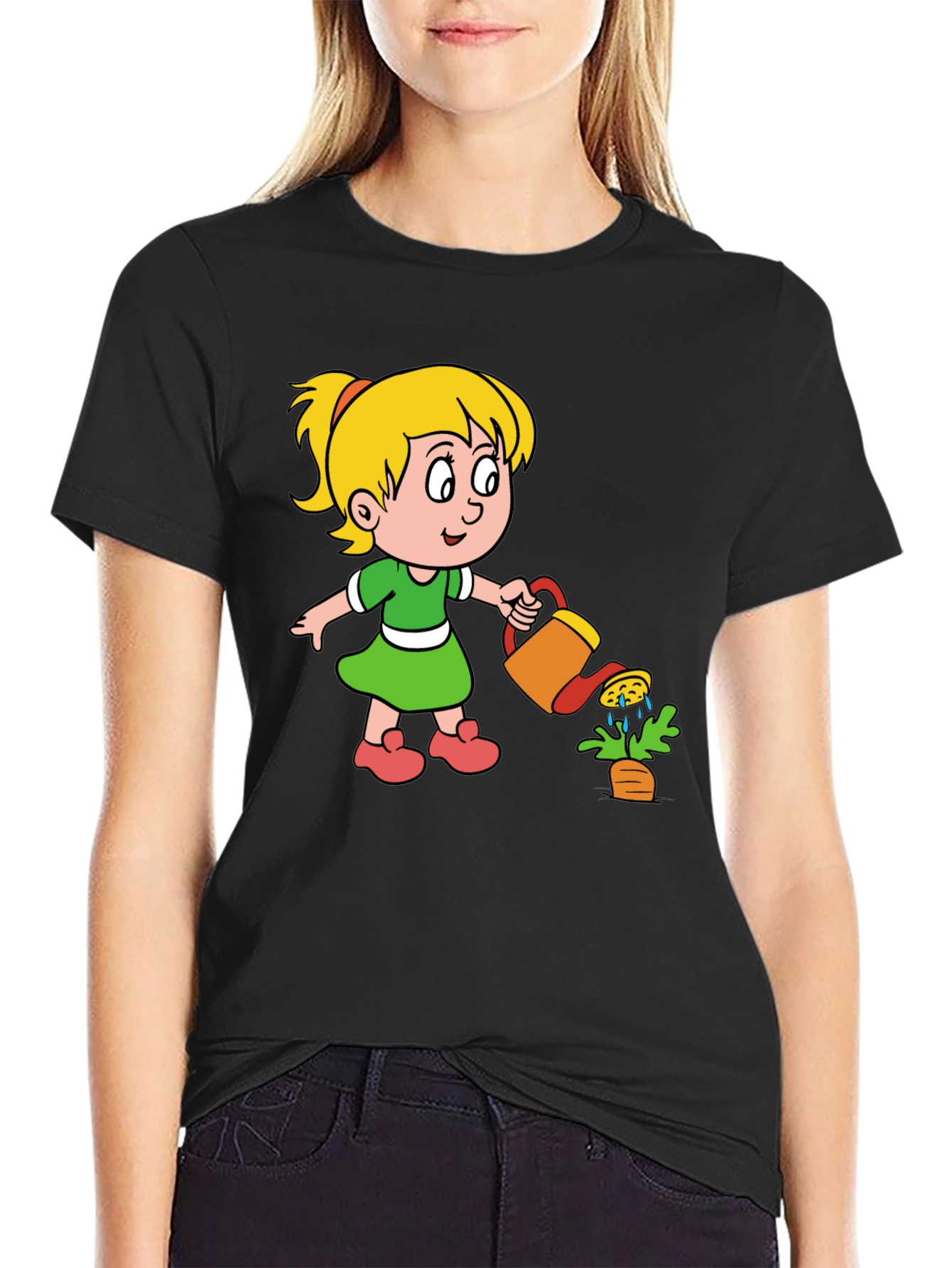 Cute Cartoon Girl Gardening Black T-Shirt