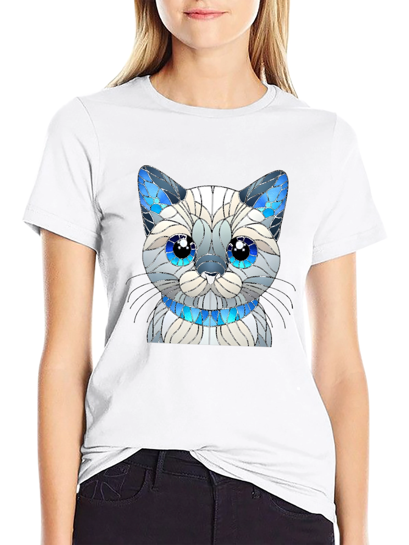 Cat Lover T-Shirt - Stained Glass Siamese Cat Design