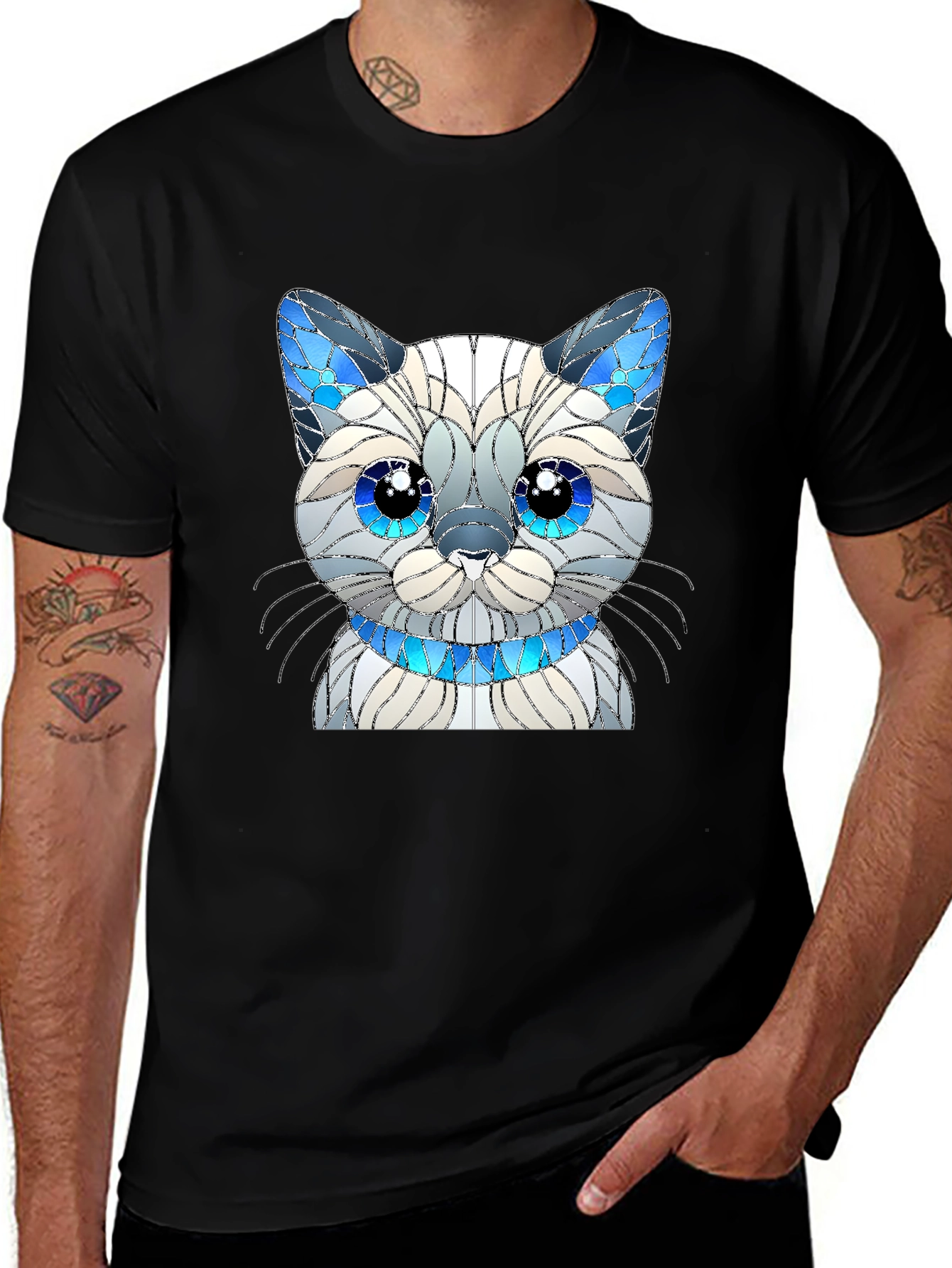 Cat Lover T-Shirt - Stained Glass Siamese Cat Design