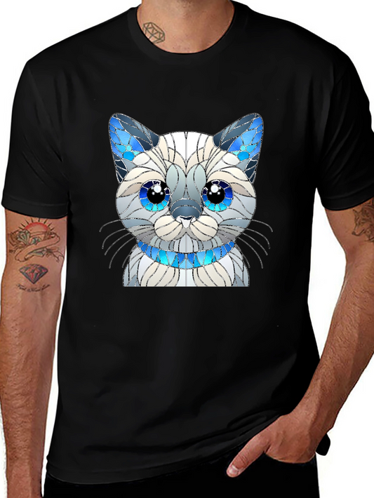 Cat Lover T-Shirt - Stained Glass Siamese Cat Design