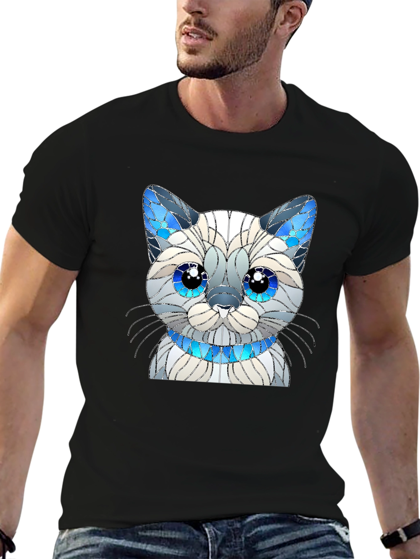 Cat Lover T-Shirt - Stained Glass Siamese Cat Design
