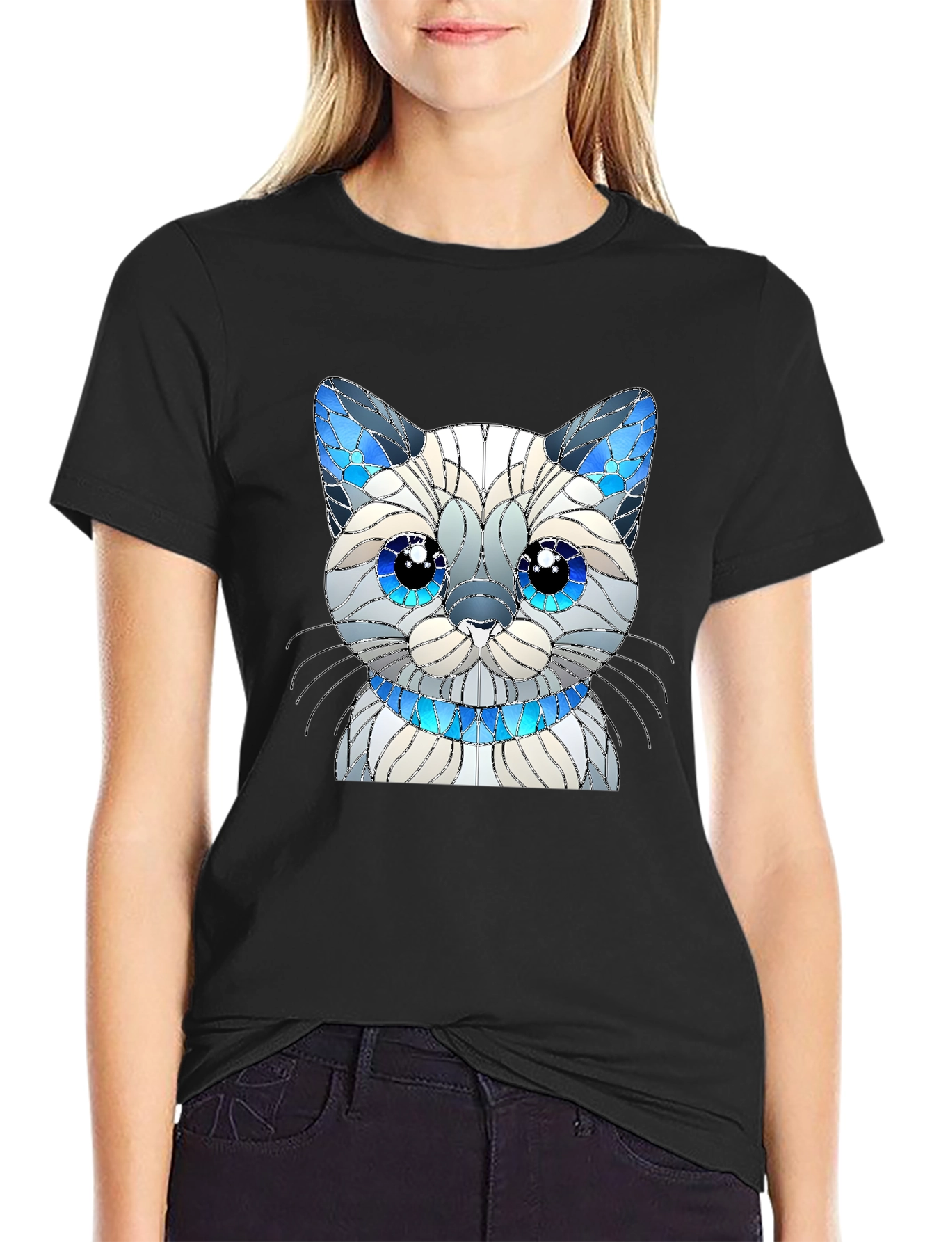 Cat Lover T-Shirt - Stained Glass Siamese Cat Design