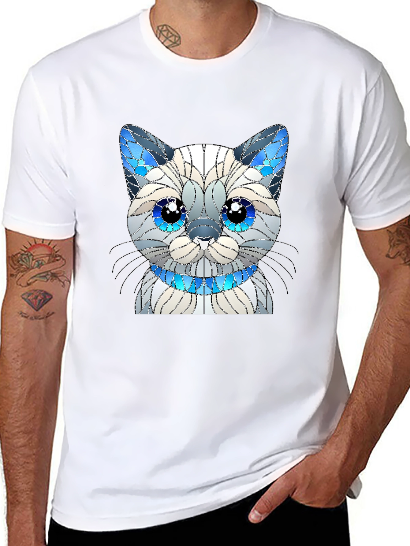 Cat Lover T-Shirt - Stained Glass Siamese Cat Design
