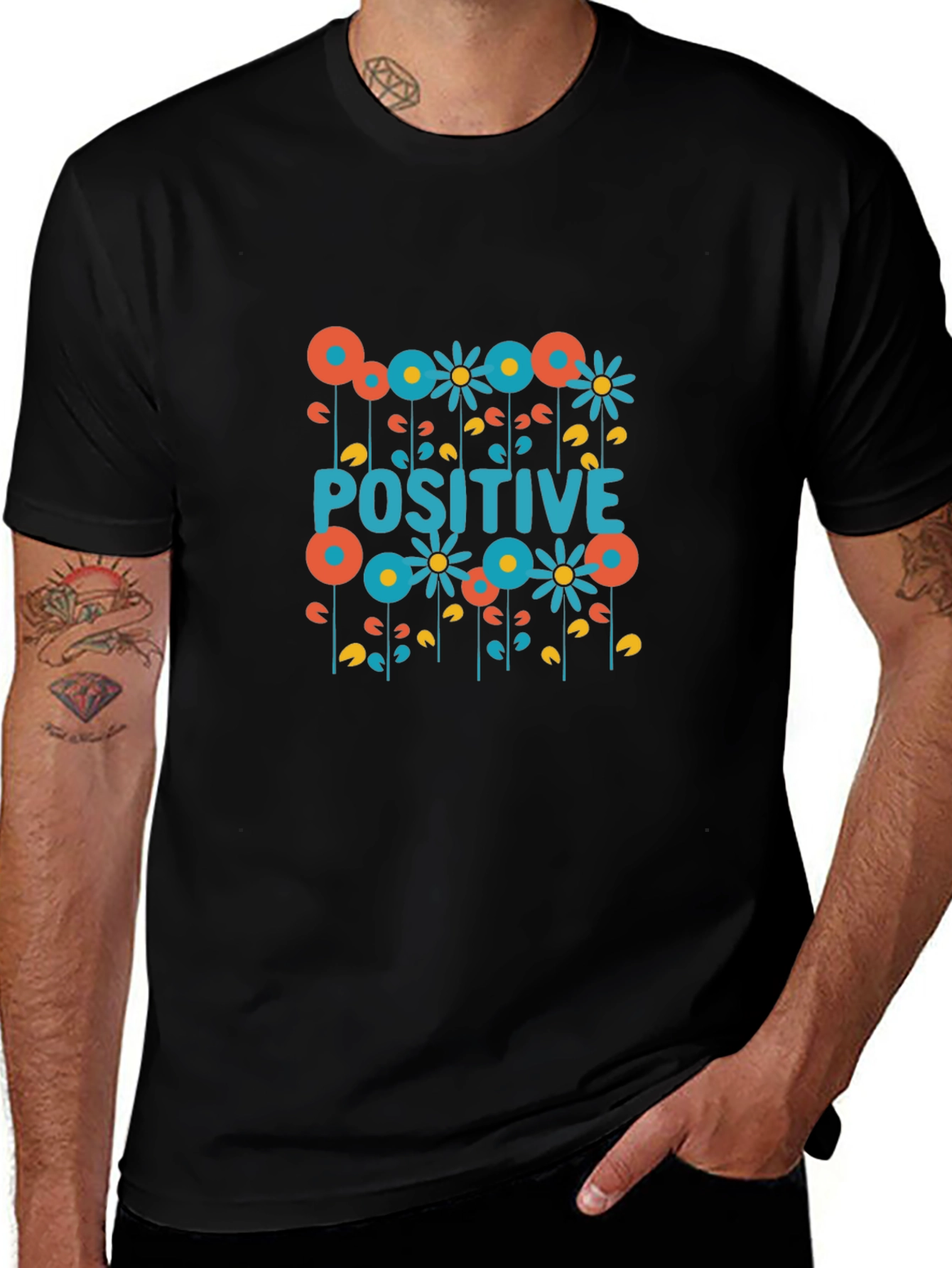Positive Floral Graphic Tee - Black Cotton T-Shirt