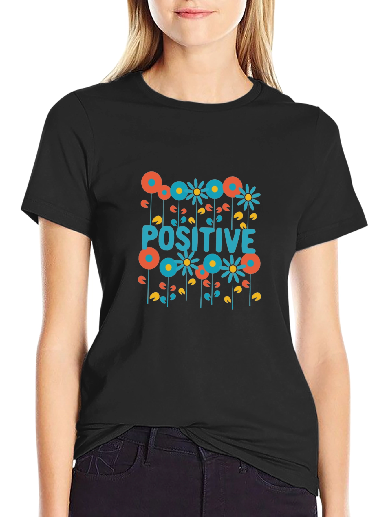Positive Floral Graphic Tee - Black Cotton T-Shirt