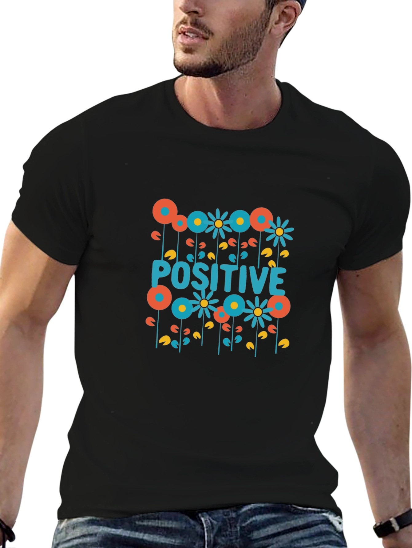 Positive Floral Graphic Tee - Black Cotton T-Shirt
